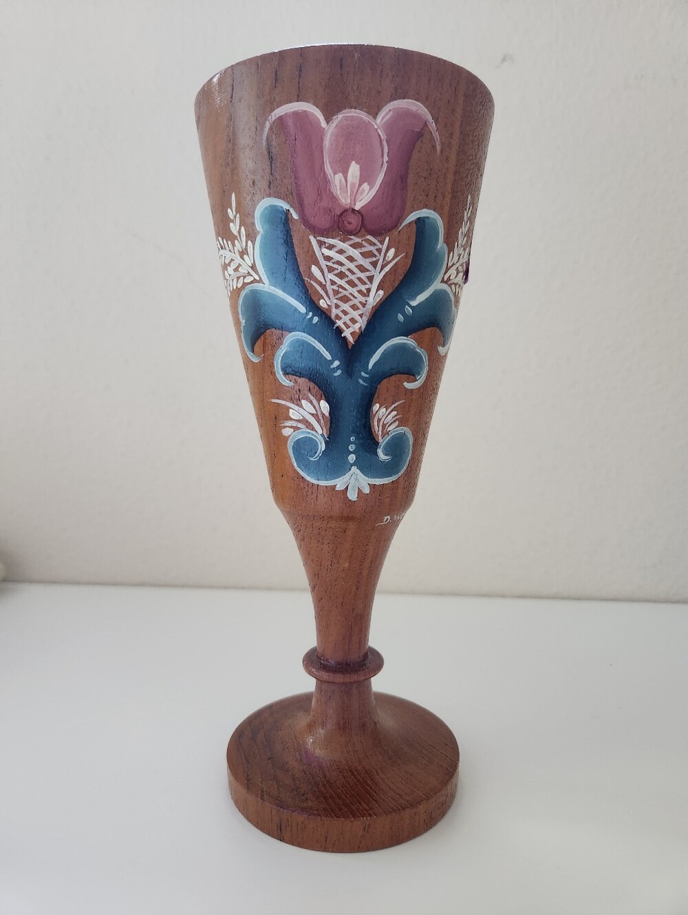 Signed D Woldt Hand Painted Wooden Folk Art Vase Scandinavian Style